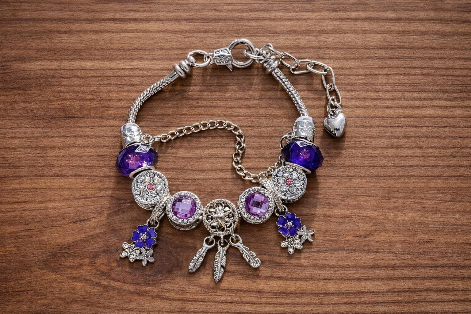 Dreamcatcher Purple Bead Bracelet, Sakura Charm, Adjustable Snake Chain, Boho Jewelry Gift