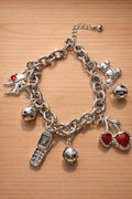 Vintage Teddy Bear Charm Bracelet, Y2K Cherry, Disco Ball, Gold Tone Chain
