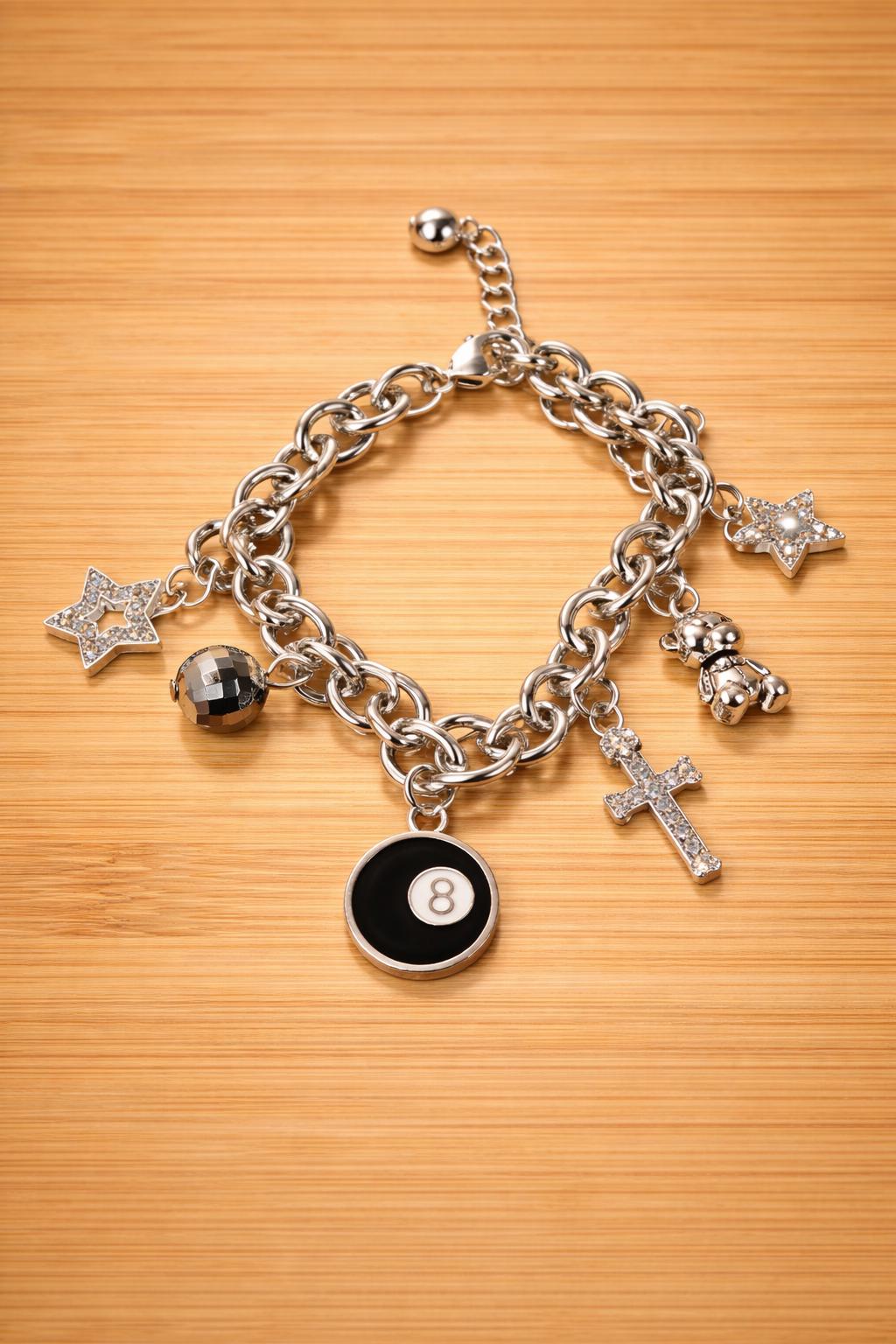Vintage Teddy Bear Charm Bracelet, Y2K Cherry, Disco Ball, Gold Tone Chain