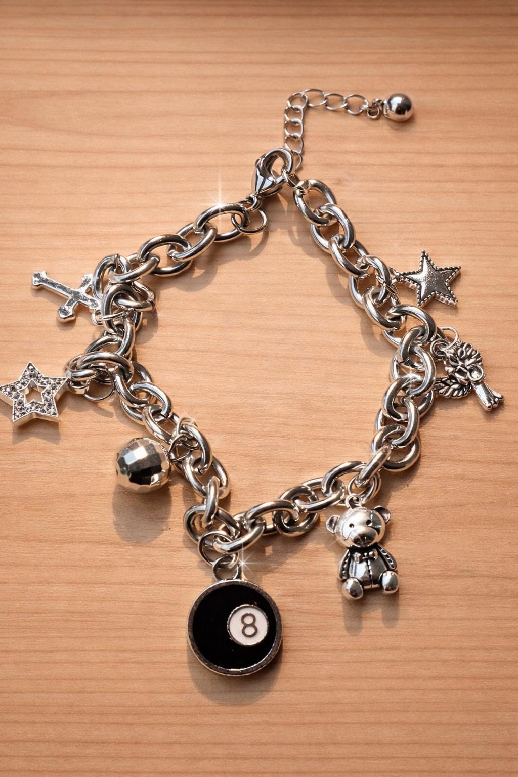 Vintage Teddy Bear Charm Bracelet, Y2K Cherry, Disco Ball, Gold Tone Chain