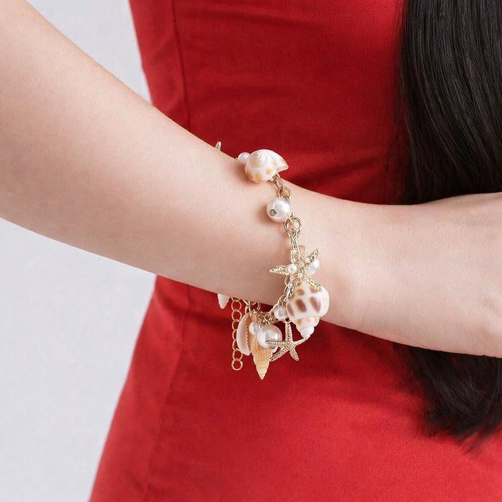 Bohemian Starfish Shell Pearl Bracelet, Coastal Beach Summer Ocean Jewelry