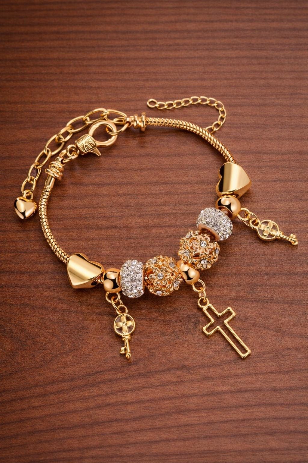 1pc Fashionable Heart, Cross, Floral Beaded Bracelet For Women With Cross Pendant Charm