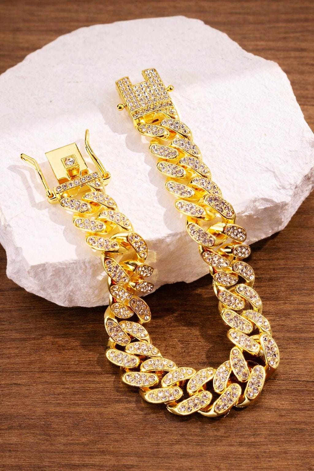 Men’s Rhinestone Chain Bracelet, Metallic Cuban Link Bracelet, Hip Hop Jewelry Gift for Him