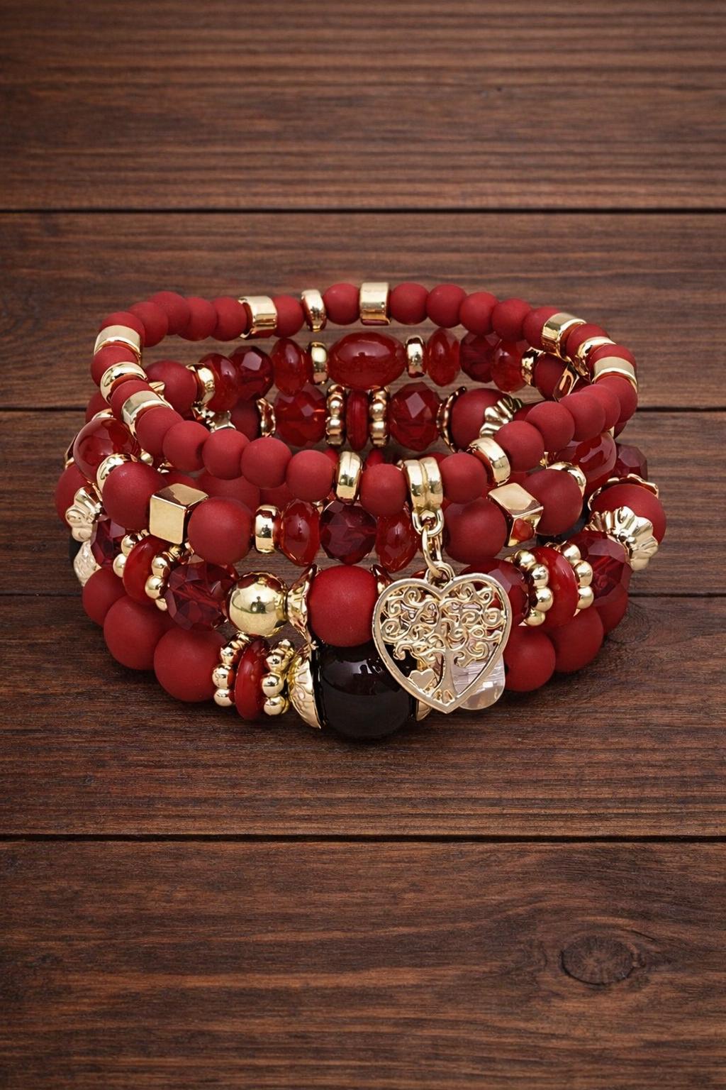Boho Heart Charm Beaded Bracelet Set, Colorful Stackable Women's Jewelry, December Birthstone Style