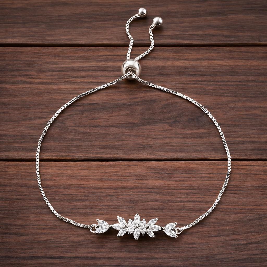 Adjustable Copper Zirconia Flower Bracelet, Elegant Floral Daily Jewelry
