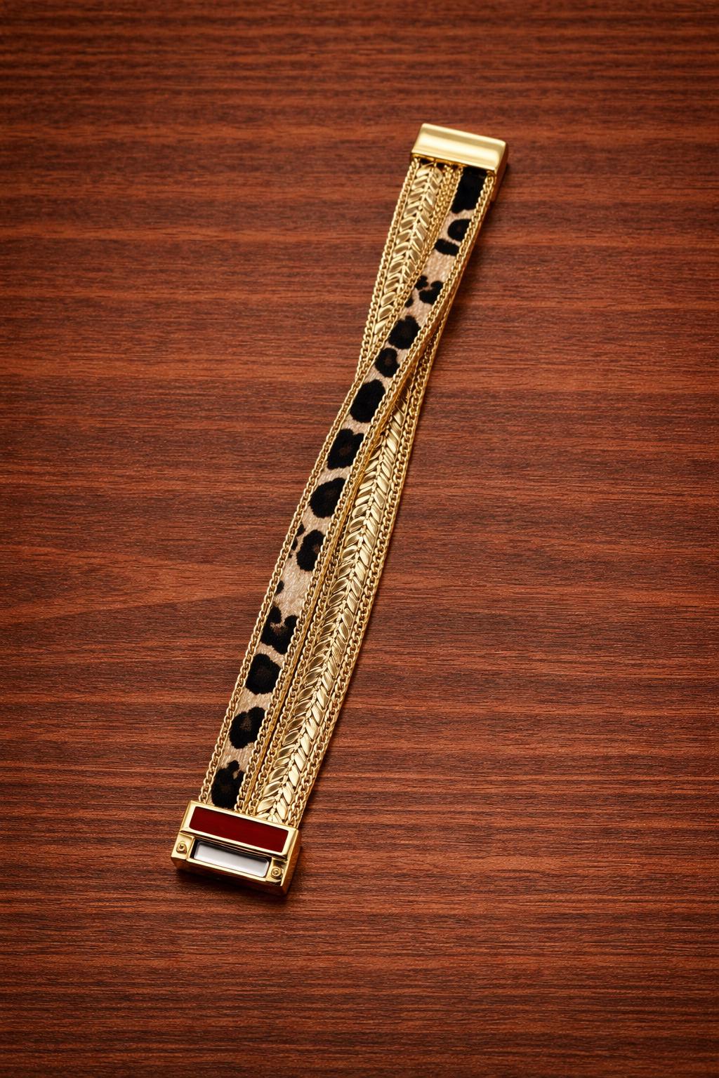 Layered Leopard Print Chain Bracelet – Gold Tone Boho Chic Jewelry