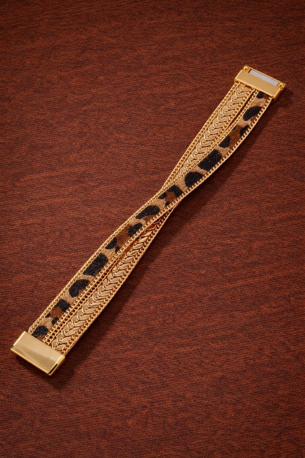Layered Leopard Print Chain Bracelet – Gold Tone Boho Chic Jewelry