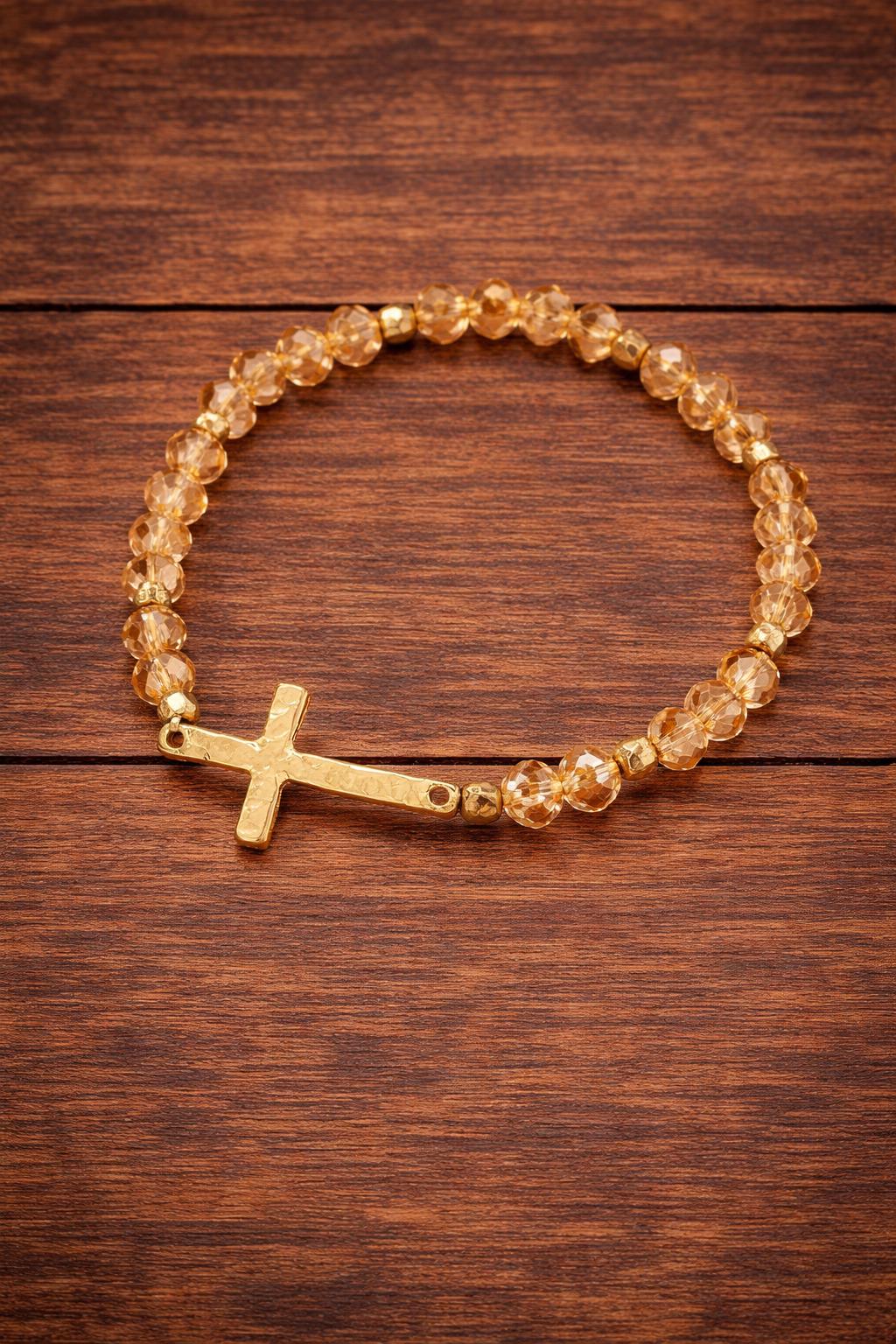1pc Fashionable Simple & Versatile Car Wheel, Glass, Metallic Cross Beaded Bracelet