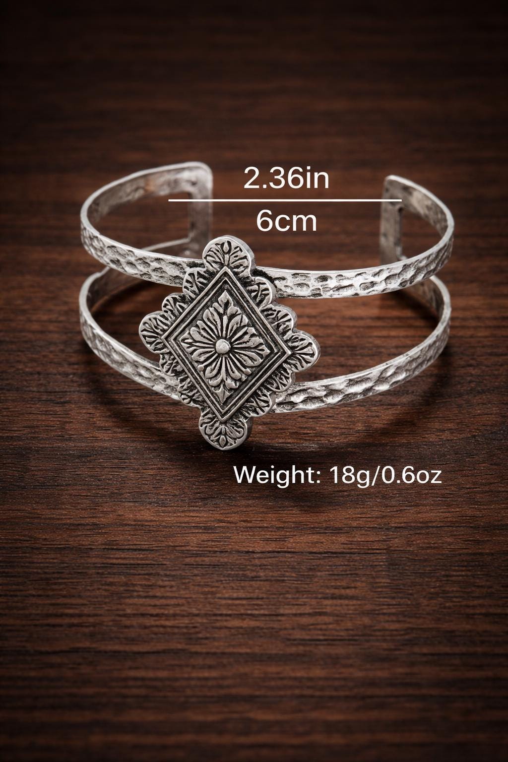 Vintage Geometric Boho Open Cuff Bracelet, Distressed Silver Unisex Bangle