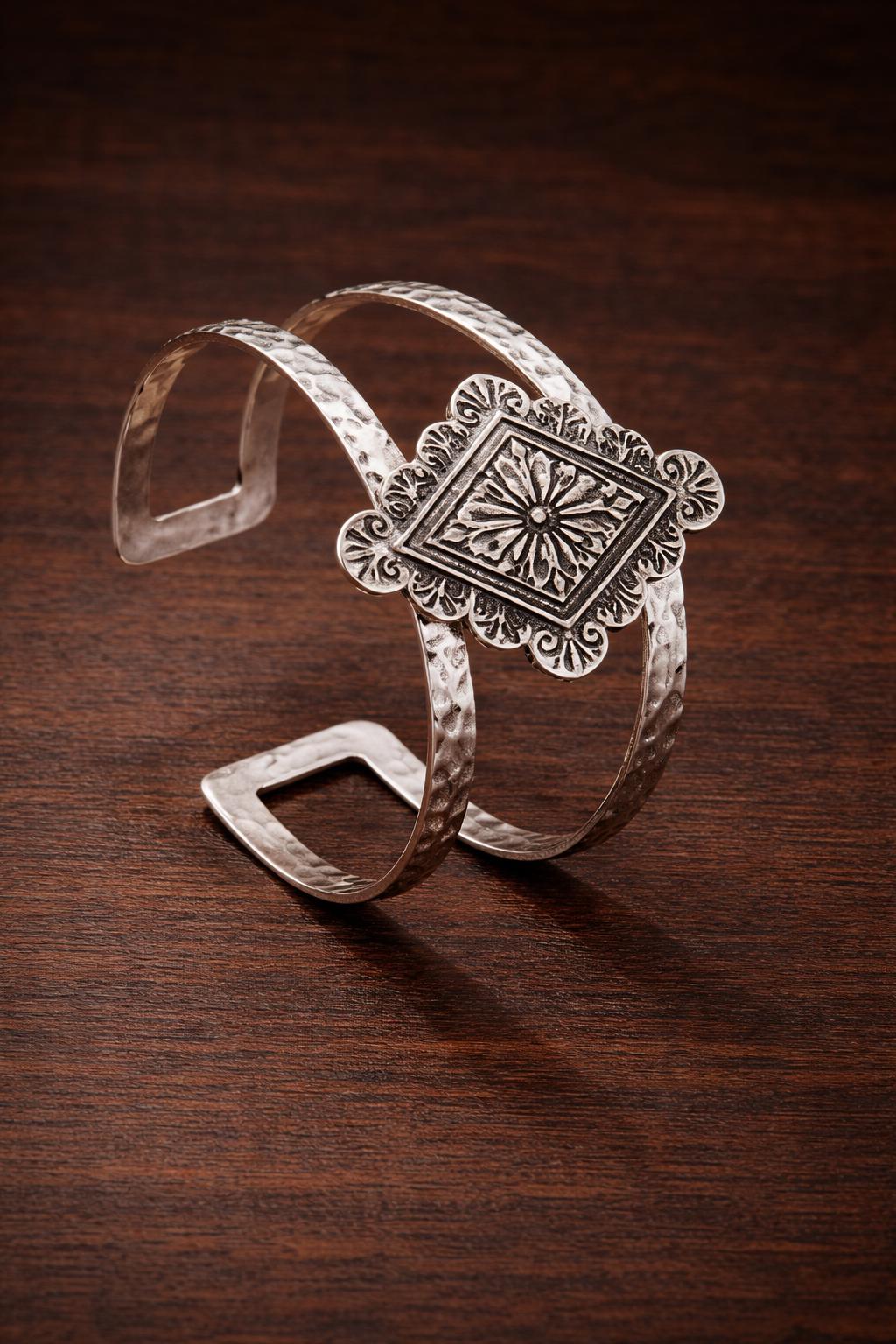 Vintage Geometric Boho Open Cuff Bracelet, Distressed Silver Unisex Bangle