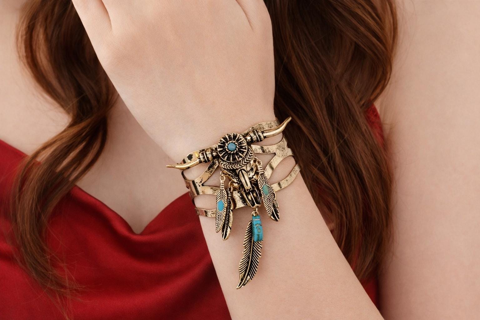 Western Bull Head Turquoise Cuff Bracelet, Feather Charm Bangle, Boho Style Jewelry