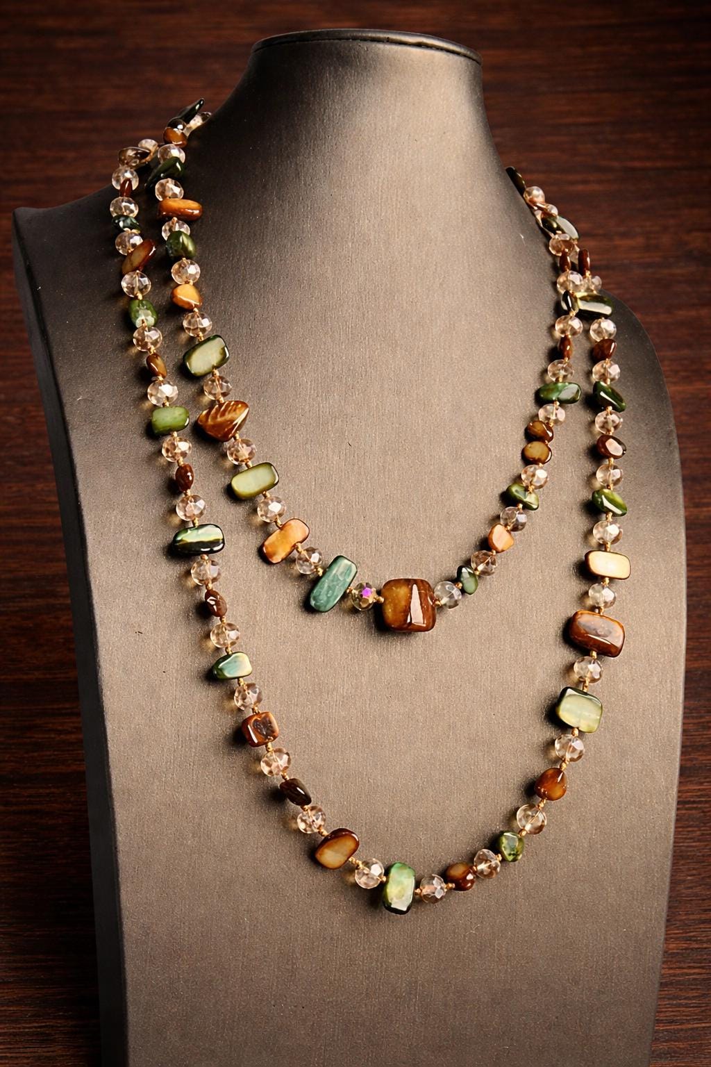 Vintage Boho Shell Beaded Double Layer Necklace, Colorful Pearl Gemstone Long Necklace