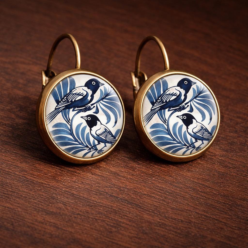 Vintage Blue Bird Dangle Earrings, Copper Glass Jewelry, Nature Inspired