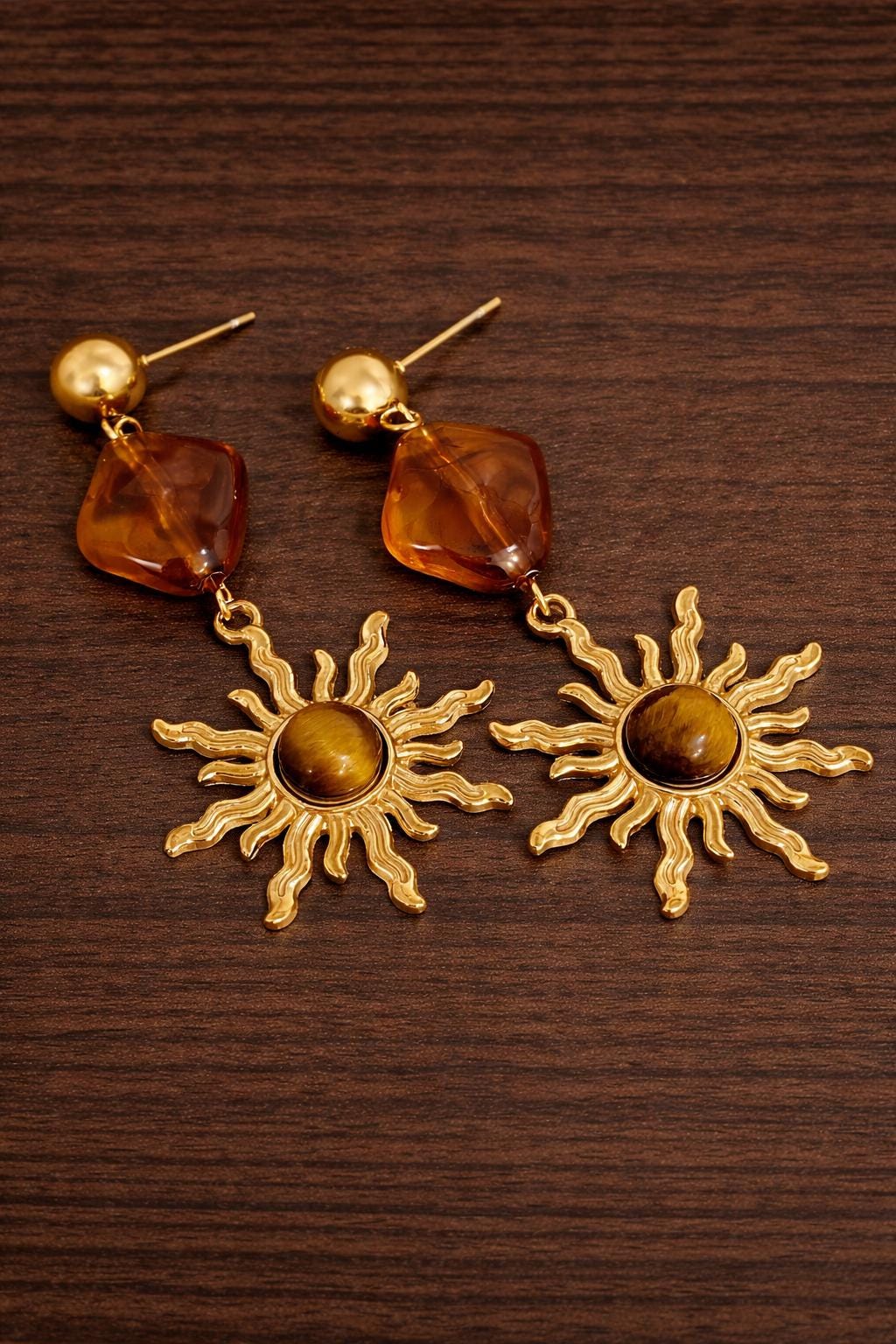 Vintage Sun Dangle Earrings, Gold Stainless Steel, Amber Resin Drop Jewelry