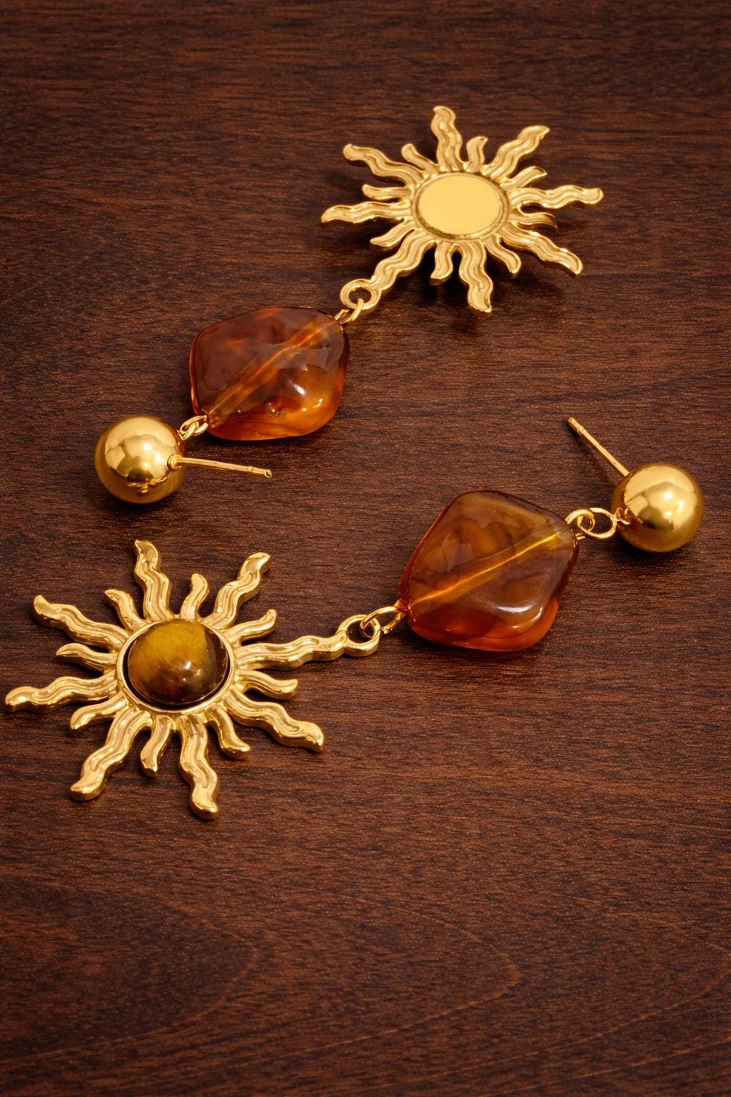 Vintage Sun Dangle Earrings, Gold Stainless Steel, Amber Resin Drop Jewelry