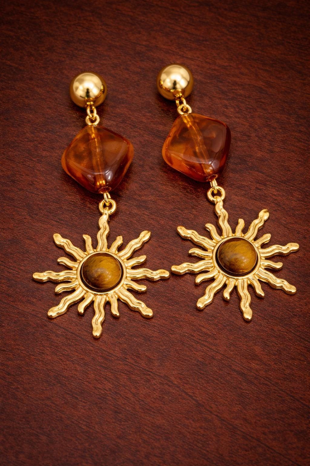 Vintage Sun Dangle Earrings, Gold Stainless Steel, Amber Resin Drop Jewelry