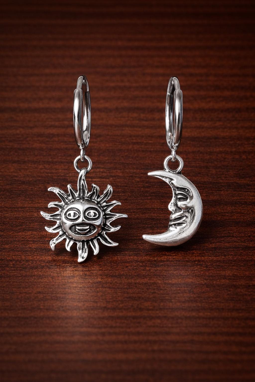 Boho Sun Moon Face Dangle Hoop Earrings, Vintage Celestial Statement Jewelry