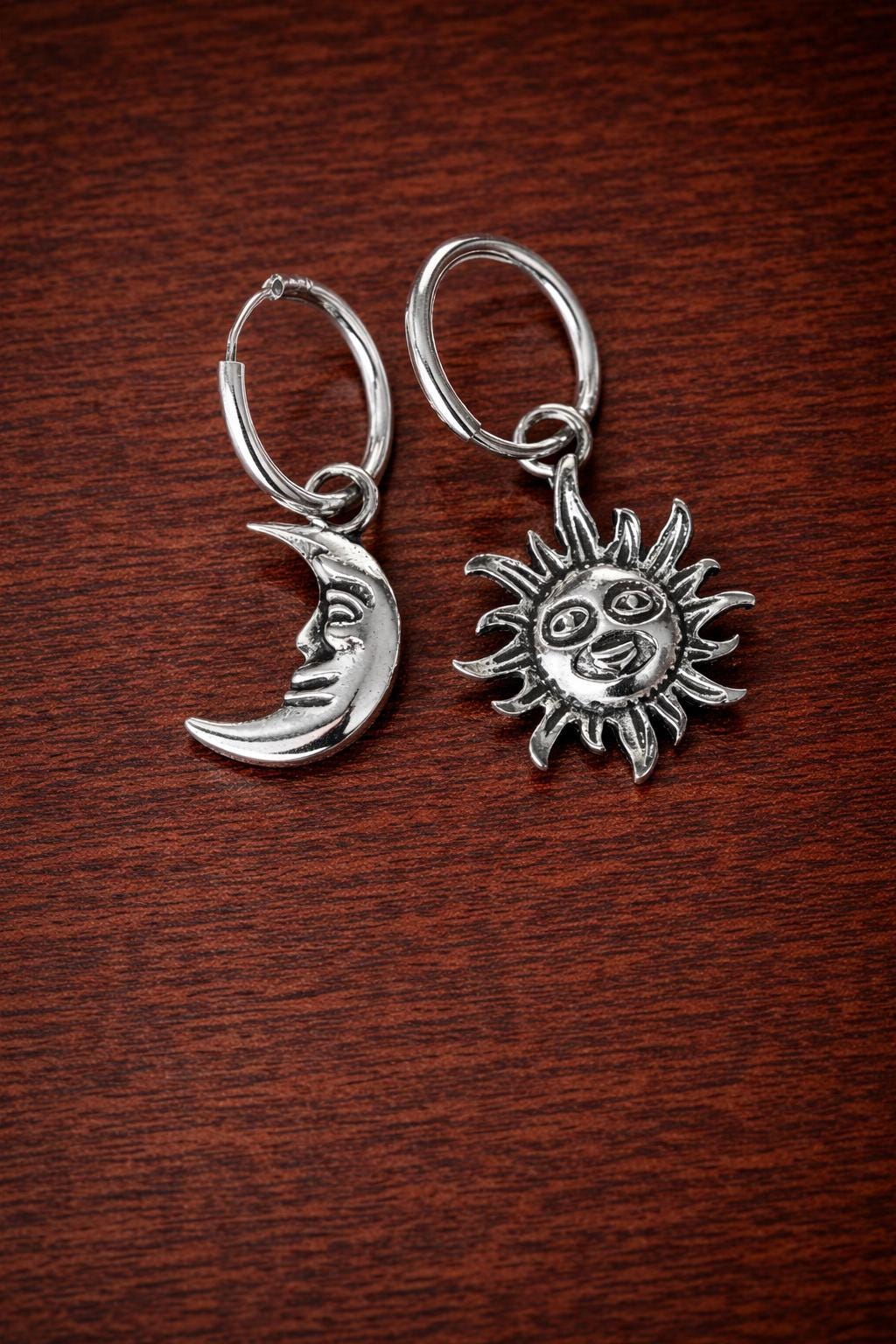 Boho Sun Moon Face Dangle Hoop Earrings, Vintage Celestial Statement Jewelry