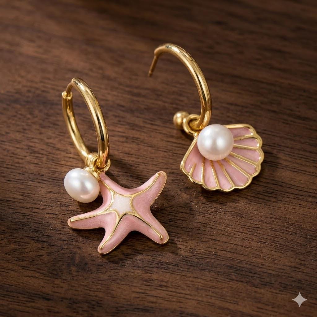 Boho Starfish Shell Hoop Earrings, Ocean Pearl Dangle Jewelry
