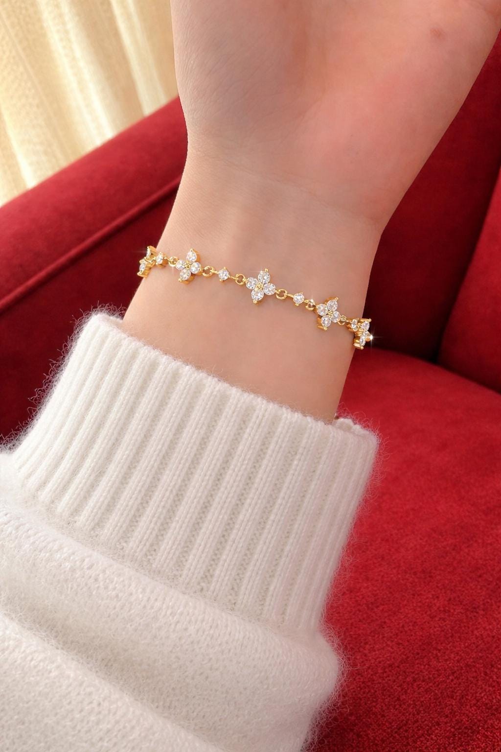 Sterling Silver Four Leaf Clover Bracelet, CZ Lucky Charm Jewelry