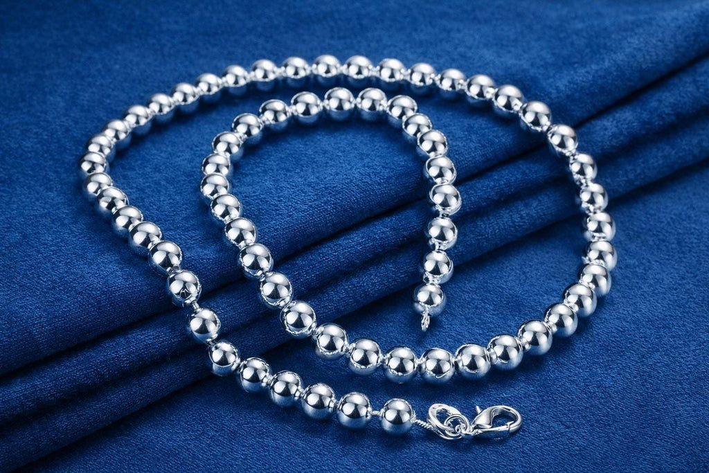925 Sterling Silver Bead Chain Set, Minimalist Couple Jewelry Necklace Bracelet