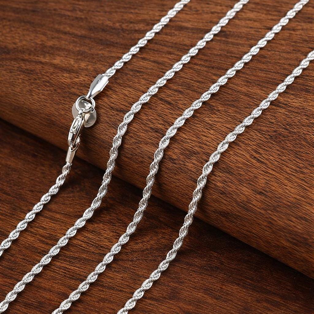 925 Sterling Silver Twisted Rope Chain Necklace Bracelet Set, Shiny Hip Hop Jewelry