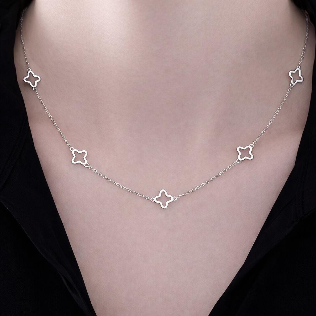 925 Sterling Silver Hollow Clover Necklace, Minimalist Lucky Charm Jewelry