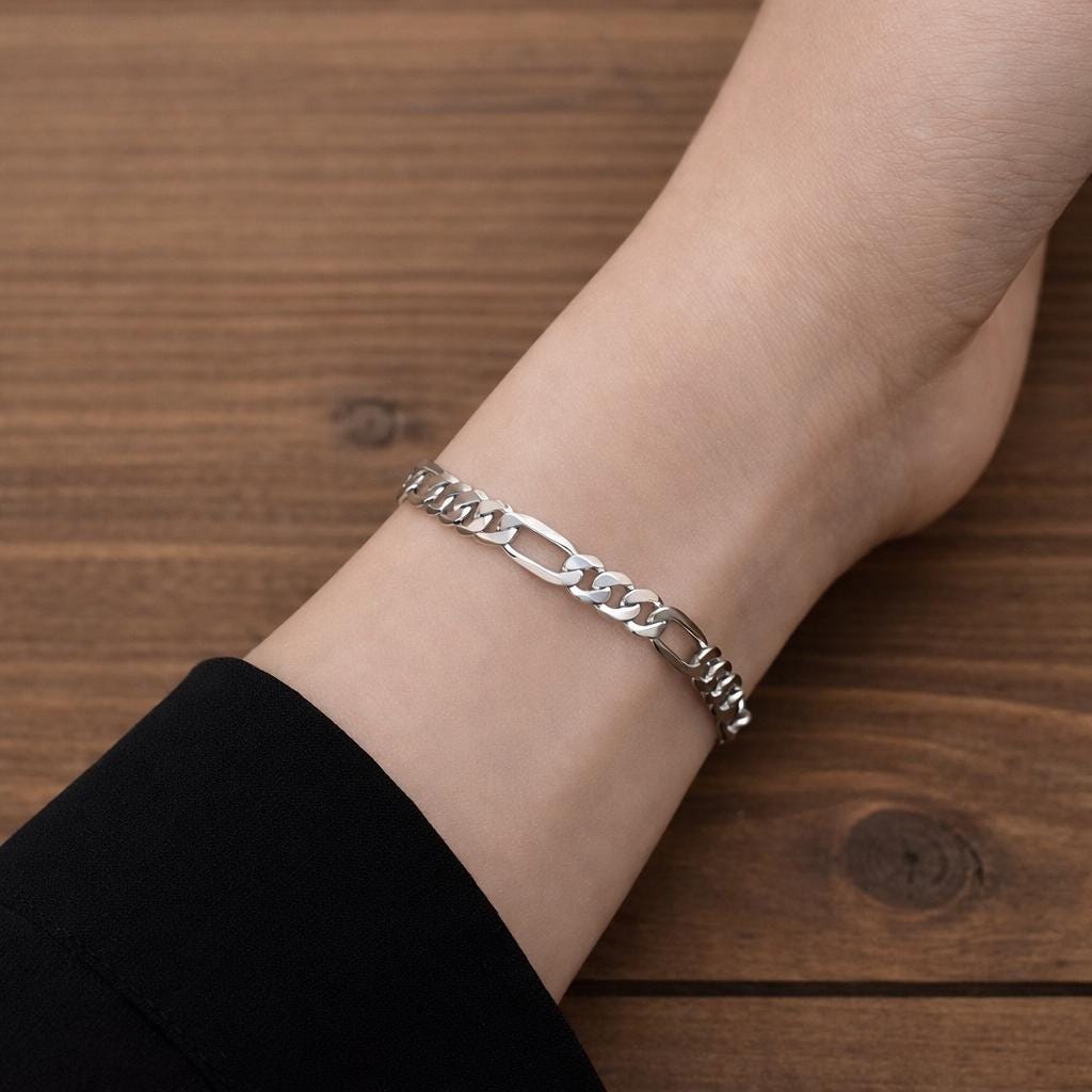 925 Sterling Silver Figaro Chain Bracelet, Unisex Minimalist Jewelry, Classic Link Style