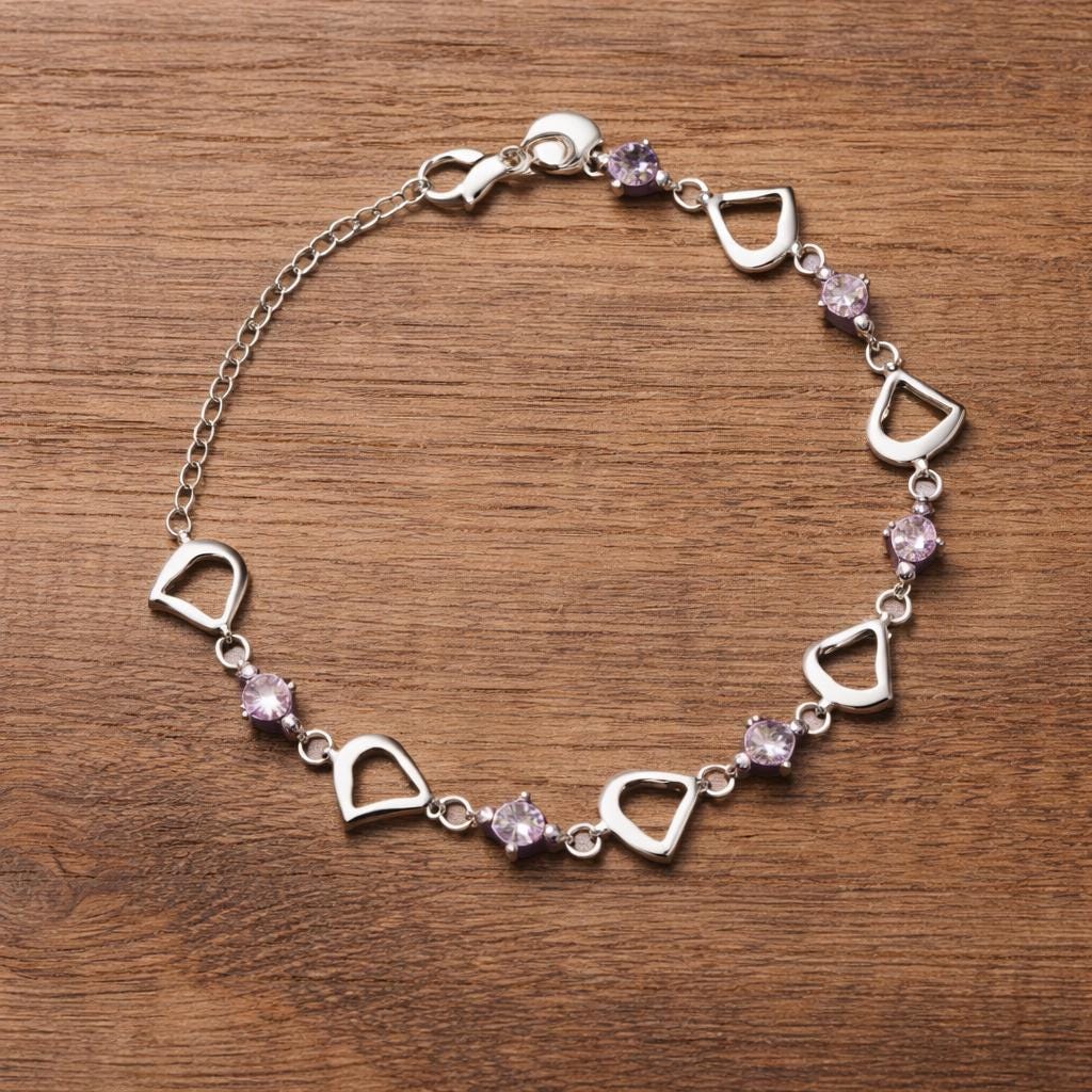 Sterling Silver Plated Heart Bracelet, Purple Zirconia, Elegant Romantic Jewelry