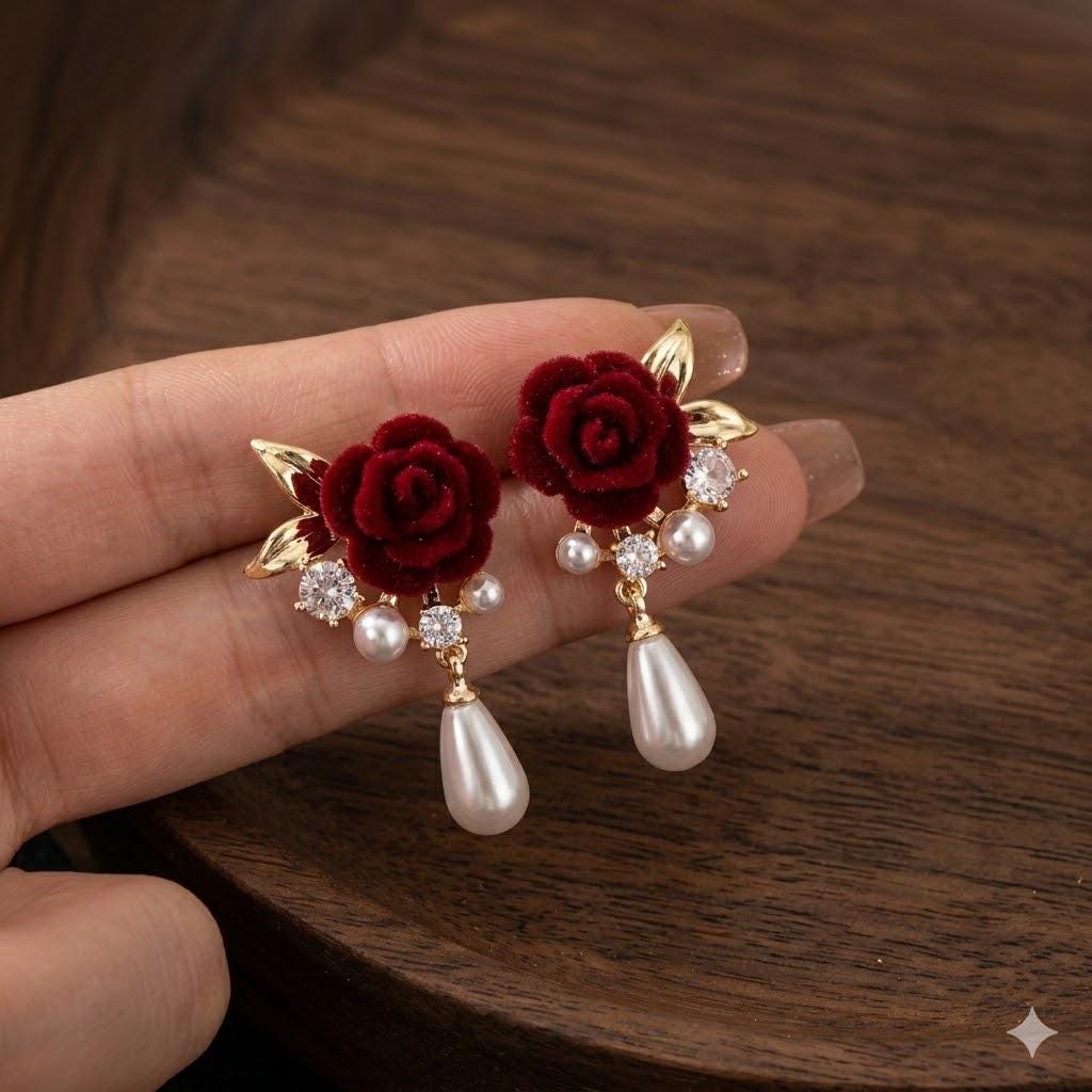 Wine Red Rose Pearl Drop Earrings, Vintage Gold Floral Dangle, Wedding Party Jewelry
