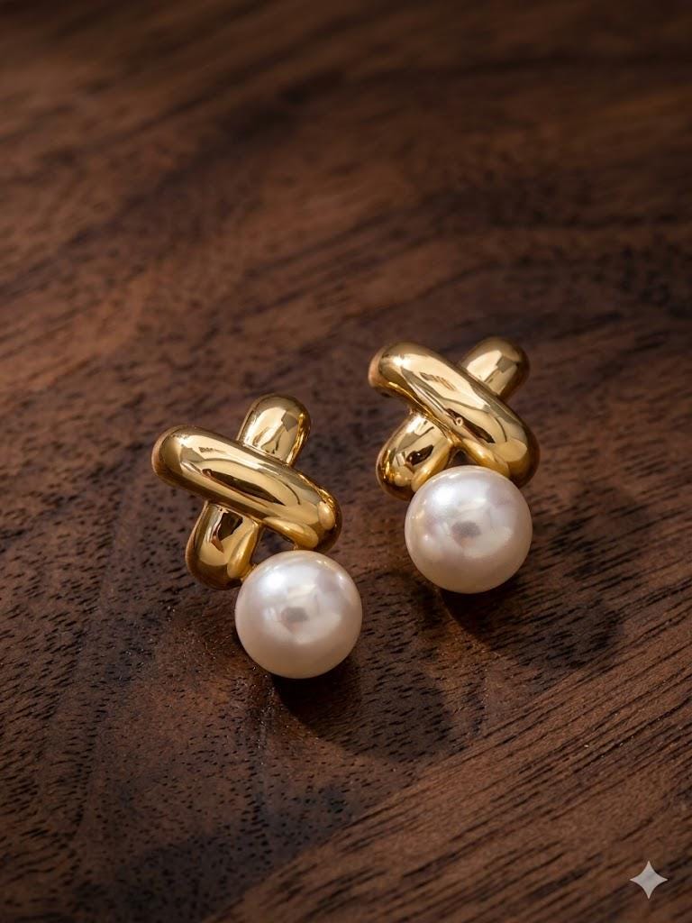 Vintage Cross Pearl Earrings, Elegant Faux Pearl Dangle, Luxury Daily Jewelry for Women