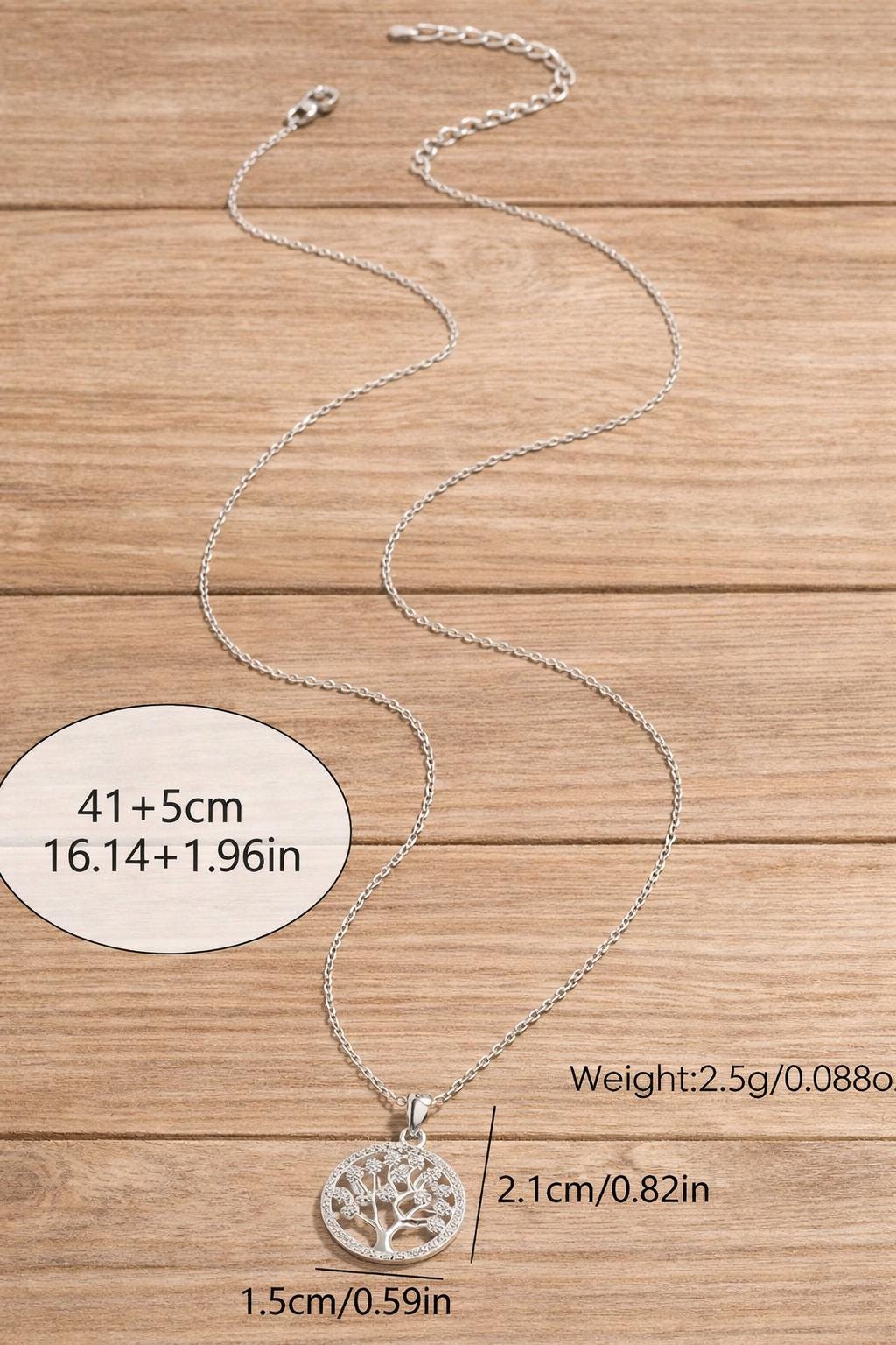 Tree of Life Pendant Necklace in 925 Sterling Silver, Round Zirconia, Minimalist Style