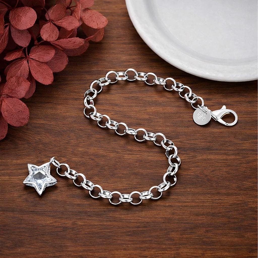 925 Silver Plated Pentagram Star Crystal Bracelet, Celestial Gothic Charm Jewelry