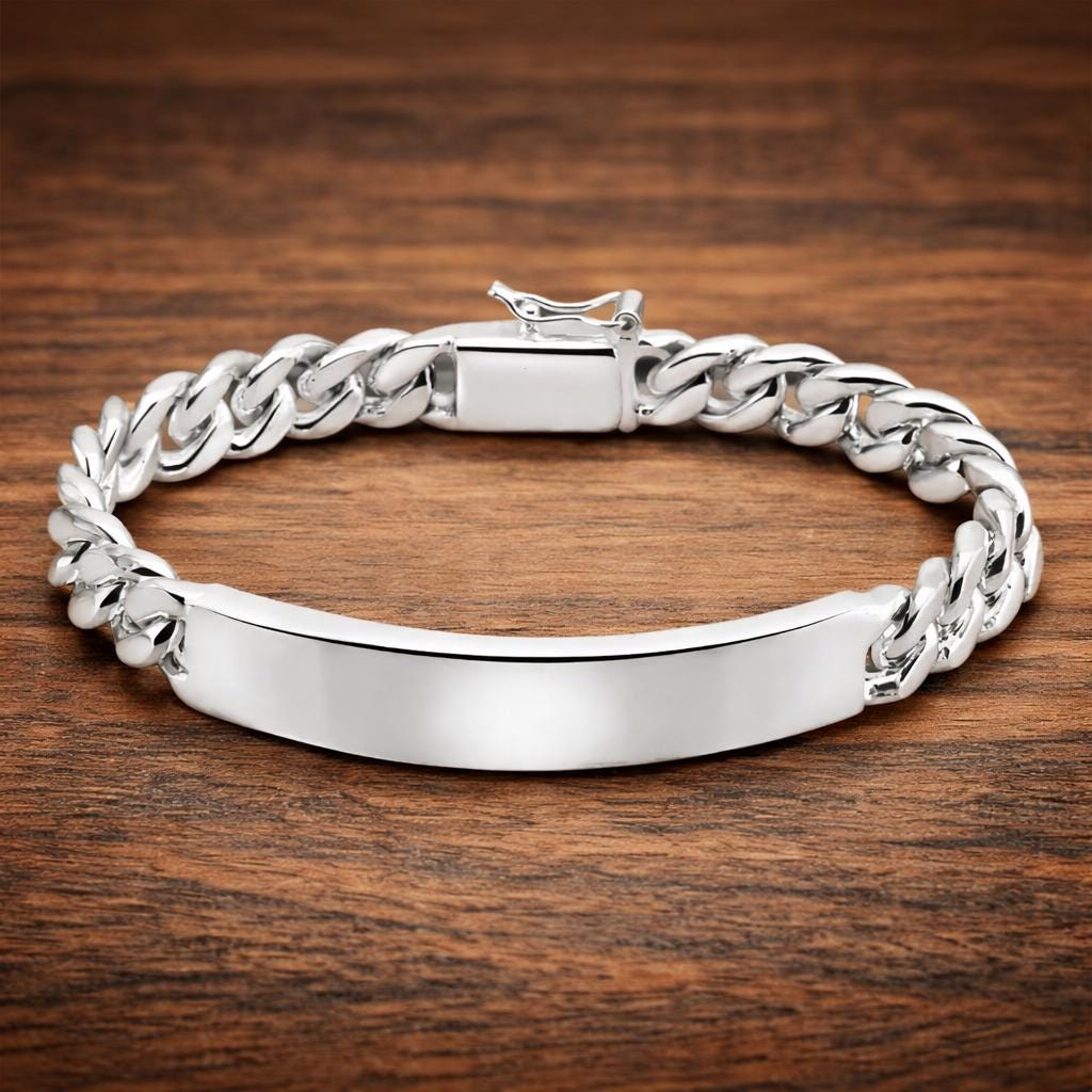 Sterling Silver ID Bracelet, 10mm Geometric Chain, Men's Modern Jewelry
