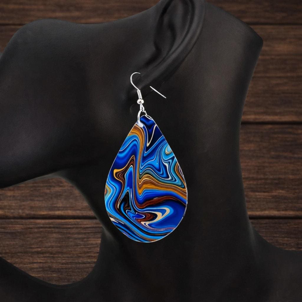 Teardrop Wooden Dangle Earrings, Abstract Blue Nature Style Jewelry