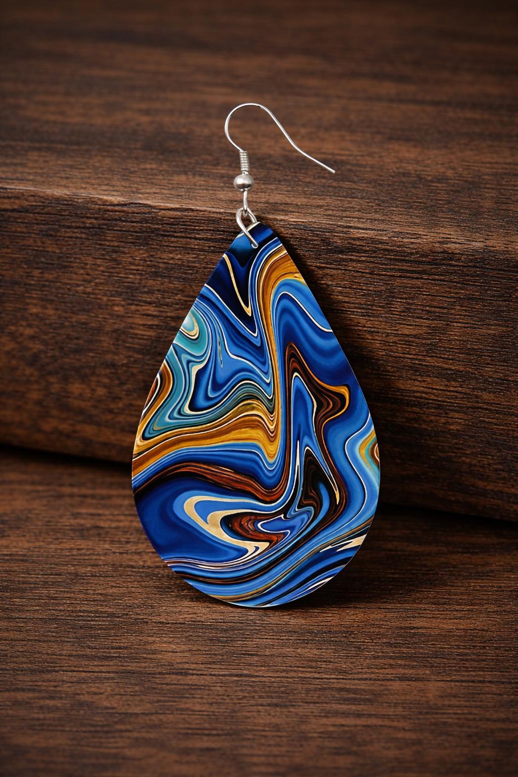 Teardrop Wooden Dangle Earrings, Abstract Blue Nature Style Jewelry