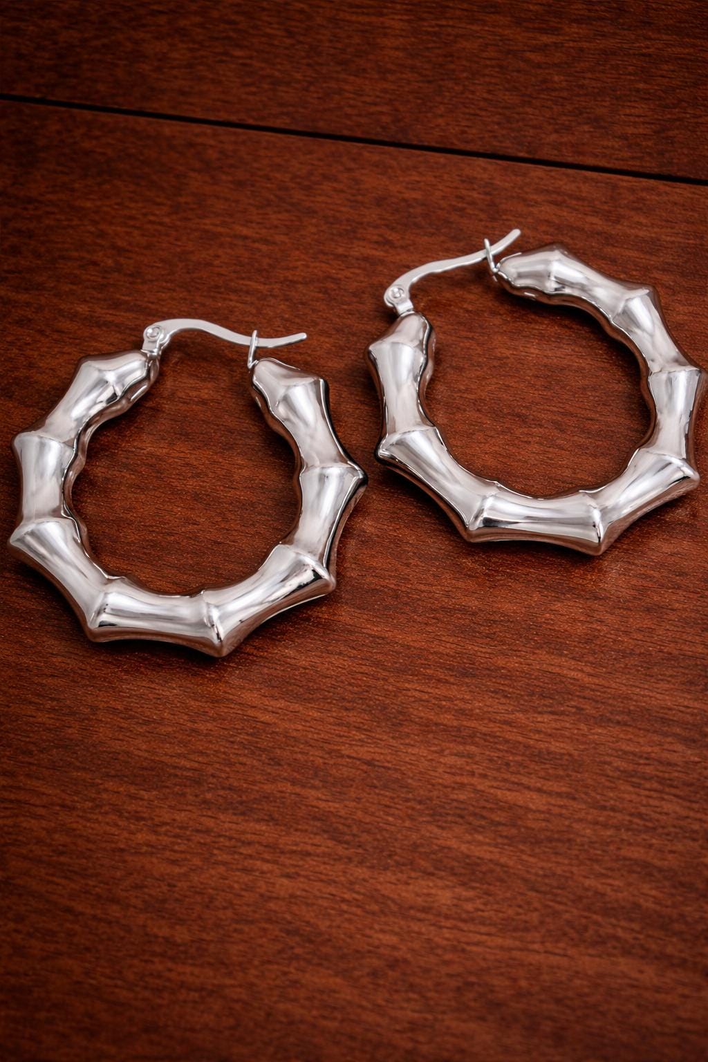 Bamboo Hoop Earrings Stainless Steel, Chunky Hollow Hoops, Minimalist Statement Earrings, Gift for Women