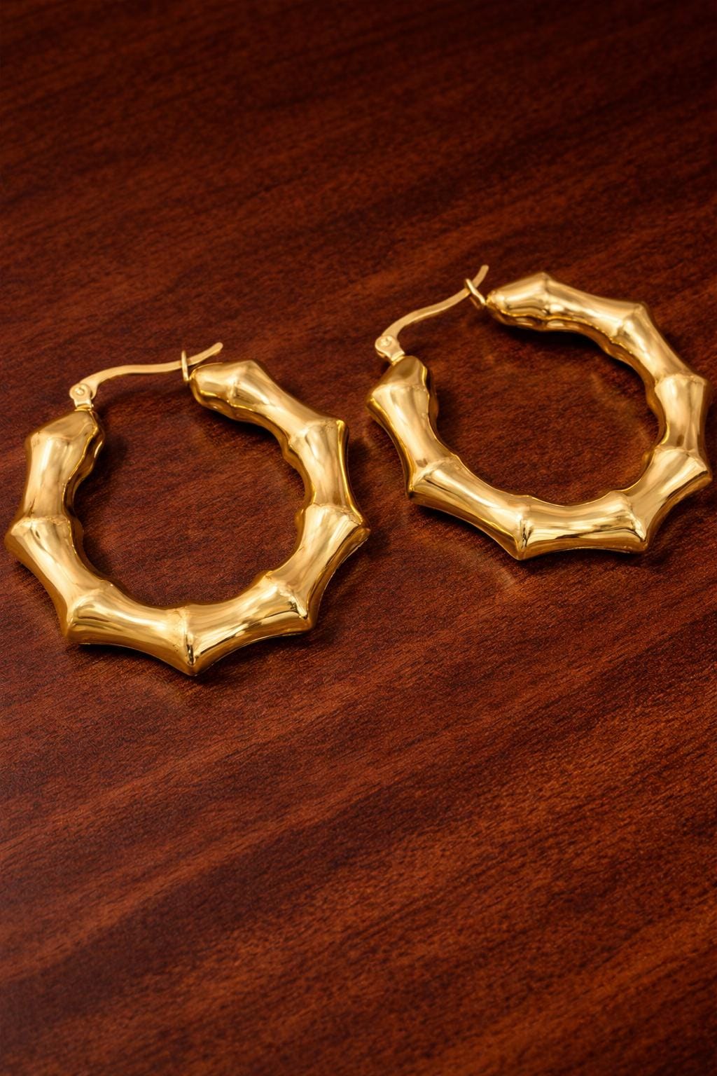 Bamboo Hoop Earrings Stainless Steel, Chunky Hollow Hoops, Minimalist Statement Earrings, Gift for Women