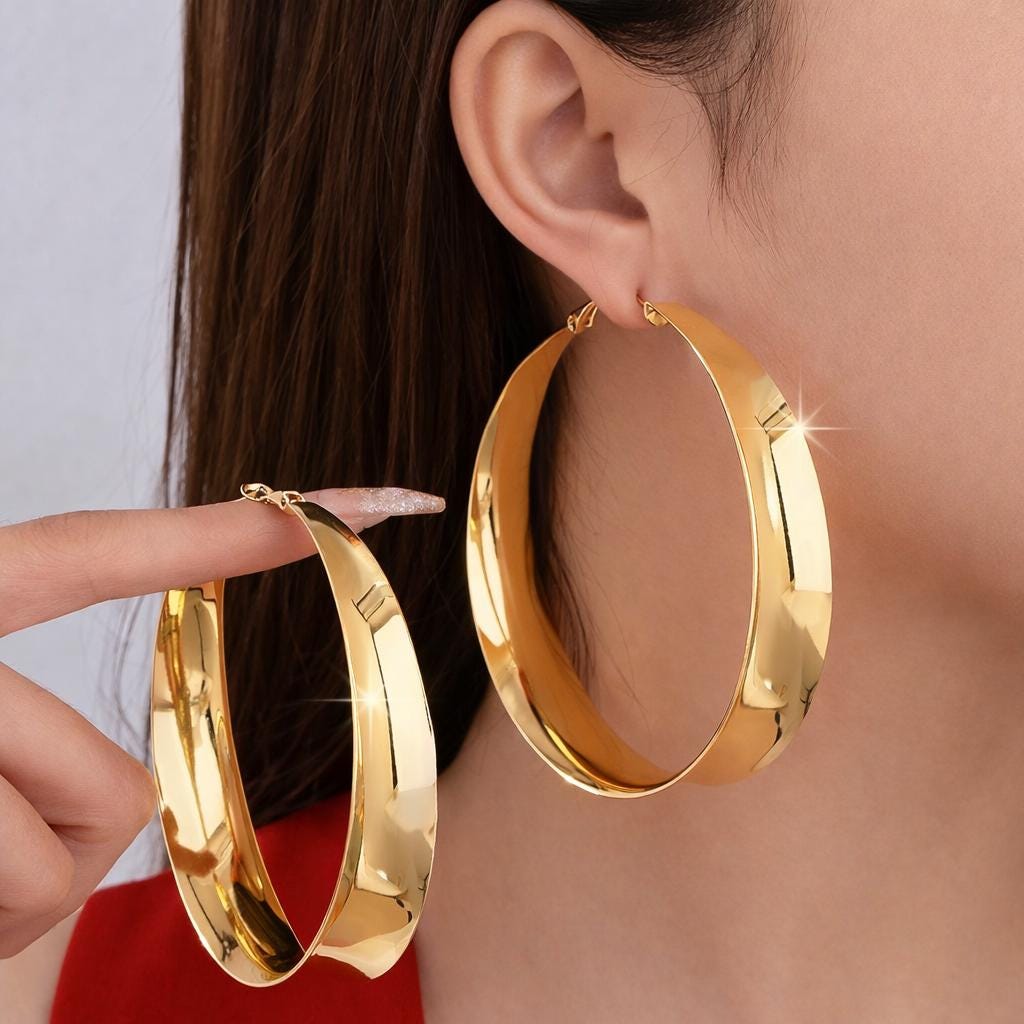 Big Gold Hoop Earrings, Oversized Statement Earrings, Chunky Metallic Hoops, Trendy European Style Jewelry