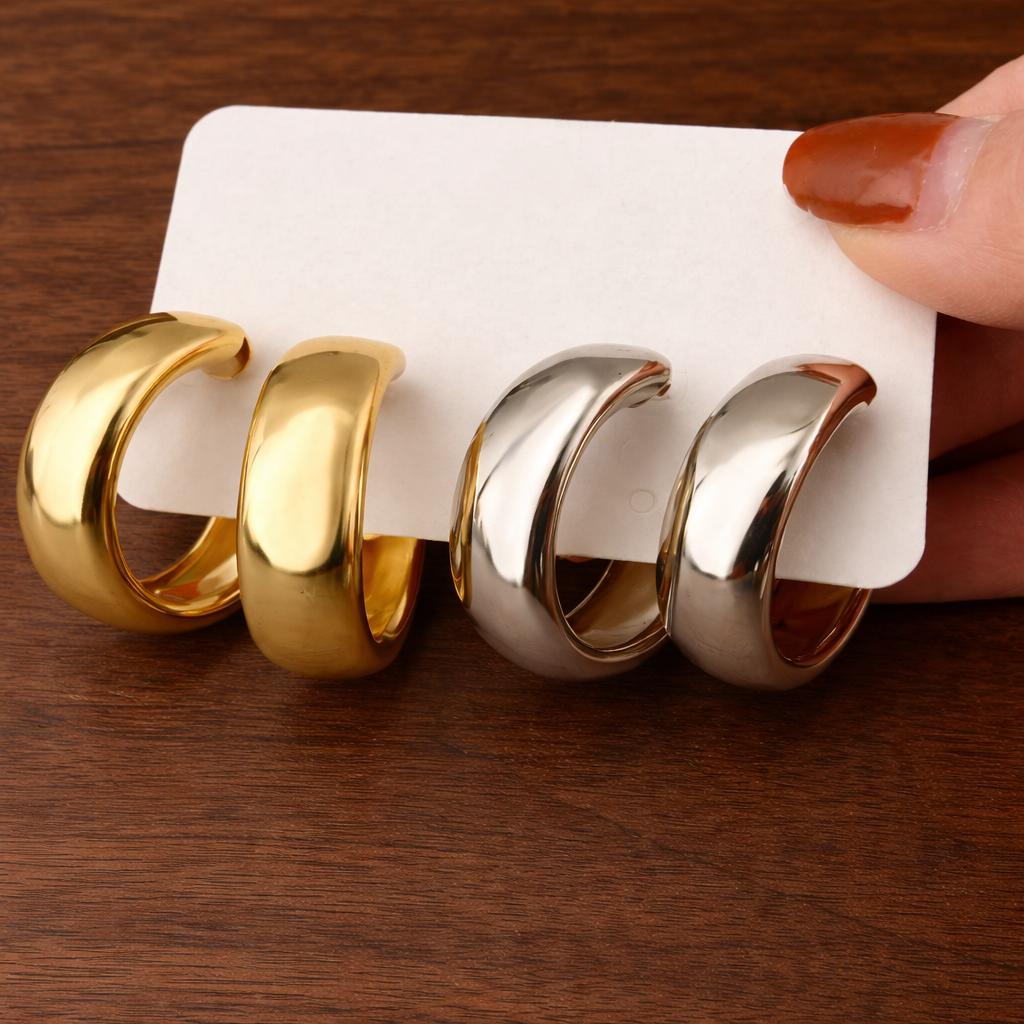 4pcs Chunky Hoop Earrings Set, 10mm Thick Gold Silver Hoops, Minimalist Statement Earrings