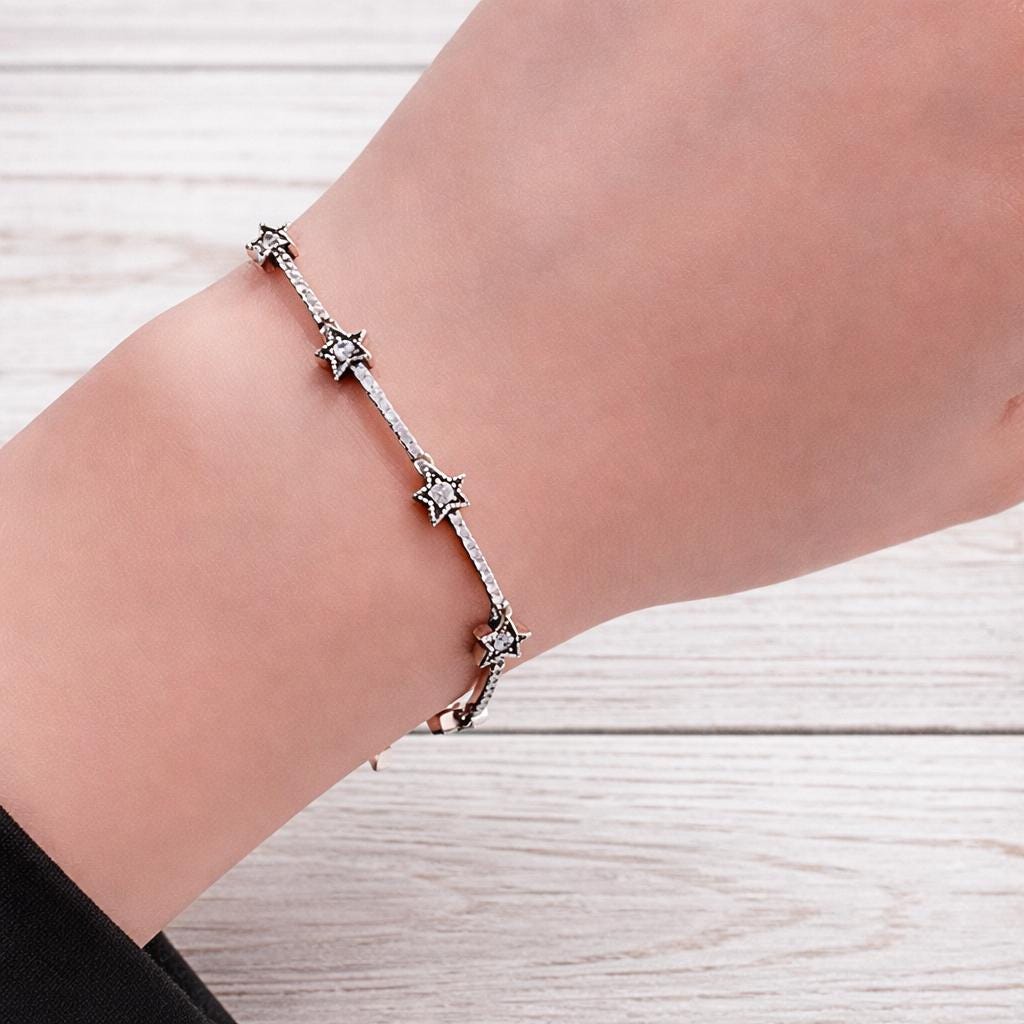 Sterling Silver Star Bracelet, Cubic Zirconia Snake Bone Chain, Minimalist Jewelry