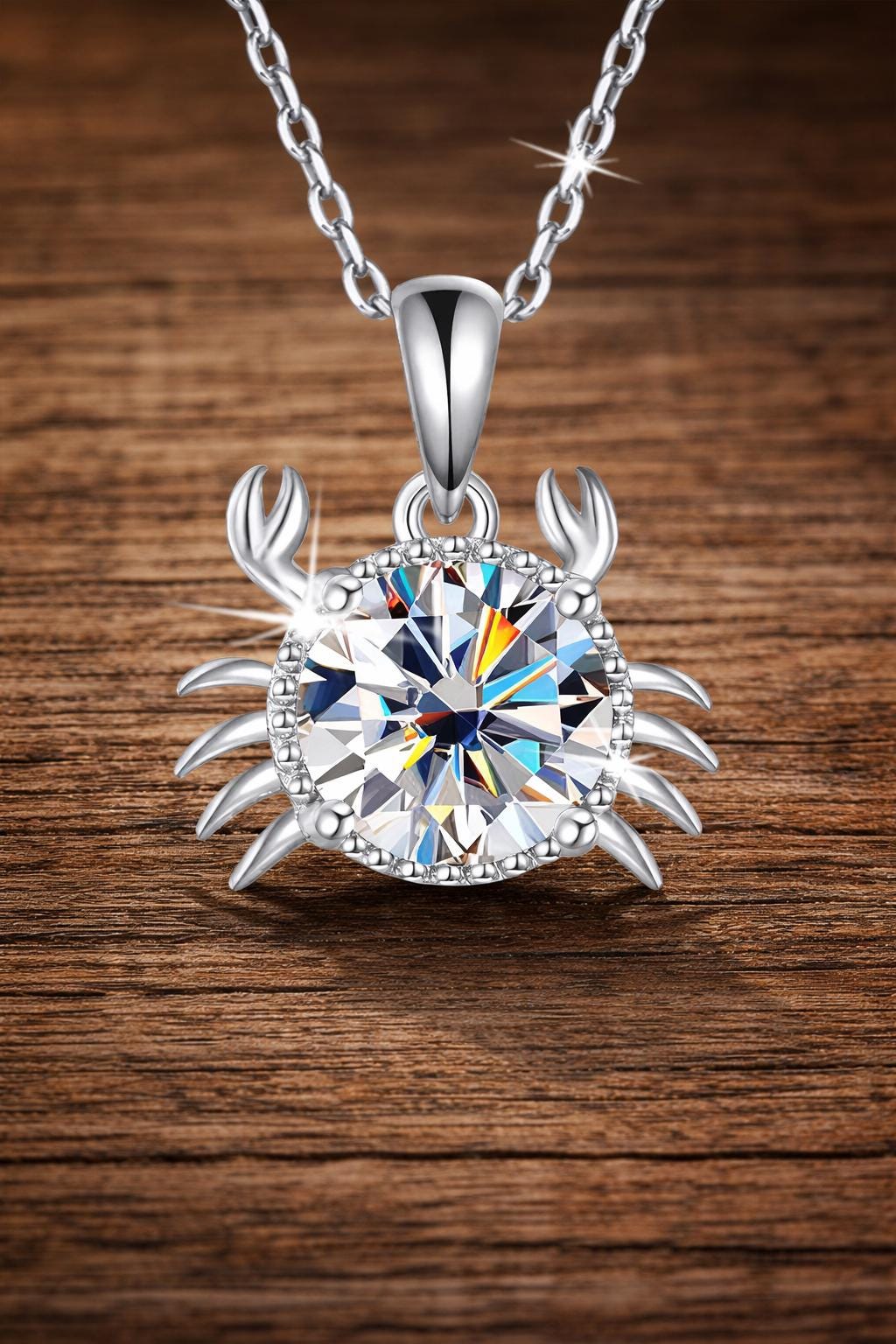 Sterling Silver Crab Pendant Necklace, 1 Carat Moissanite, Ocean Charm Jewelry