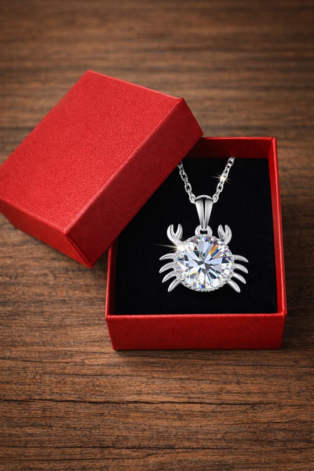 Sterling Silver Crab Pendant Necklace, 1 Carat Moissanite, Ocean Charm Jewelry