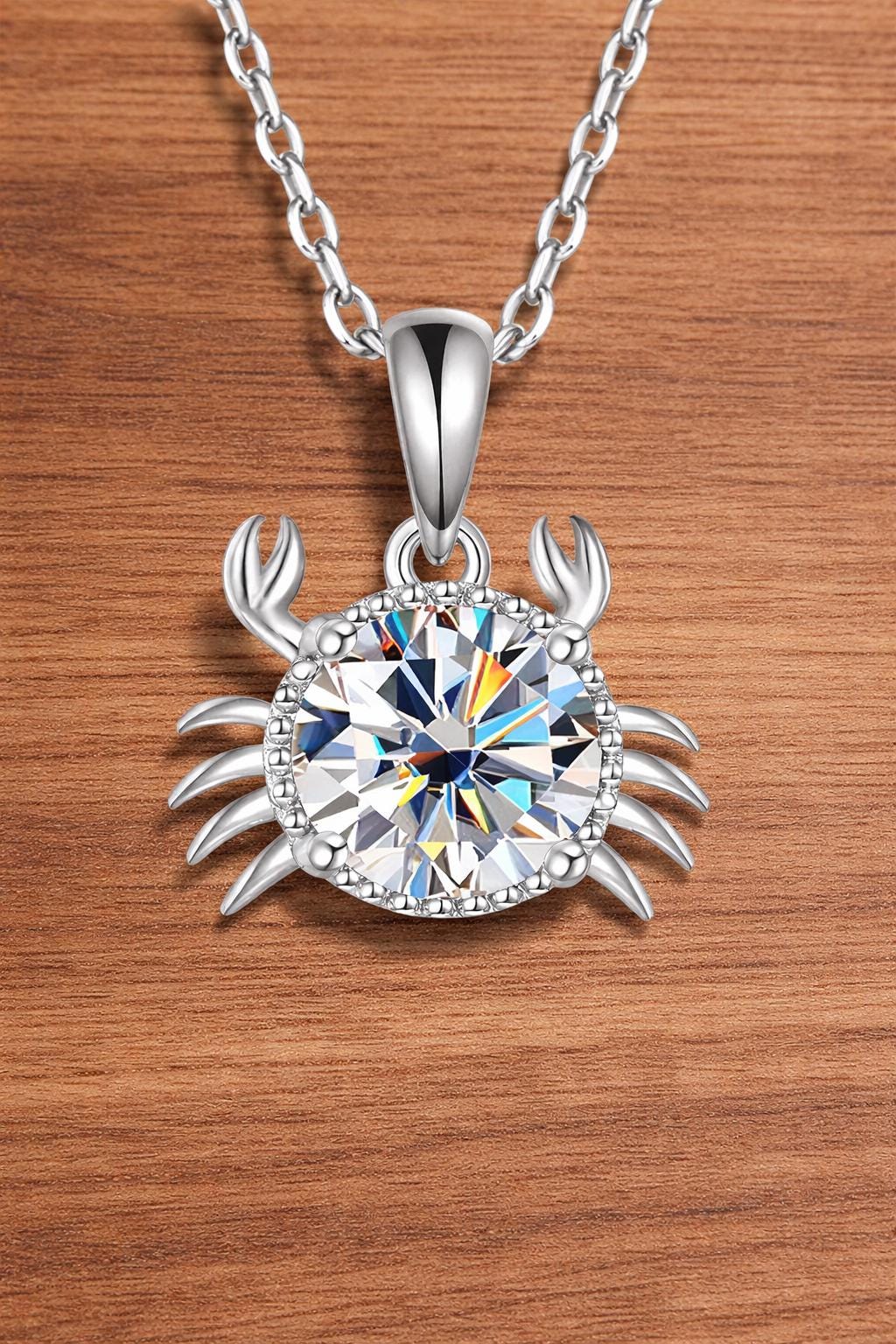 Sterling Silver Crab Pendant Necklace, 1 Carat Moissanite, Ocean Charm Jewelry