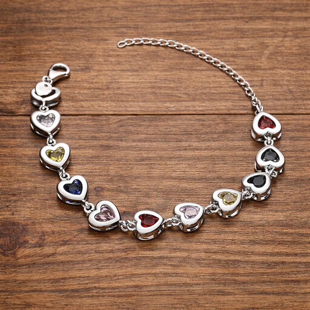 Sterling Silver Plated Heart Charm Bracelet, Crystal Chain Jewelry, Women's Elegant Gift