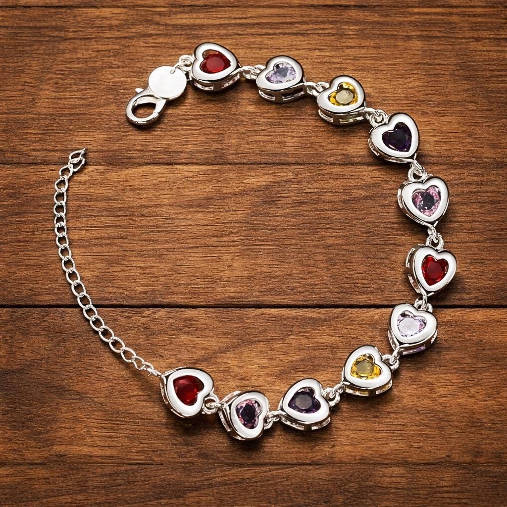 Sterling Silver Plated Heart Charm Bracelet, Crystal Chain Jewelry, Women's Elegant Gift