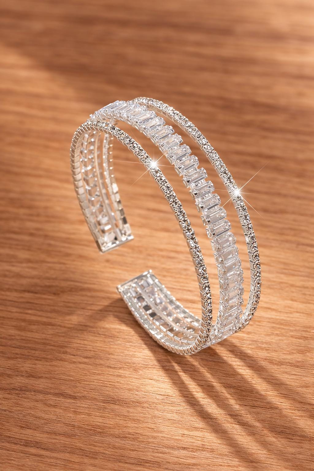 Multi Layer Zirconia Open Cuff Bracelet, Elegant Statement Bangle Jewelry