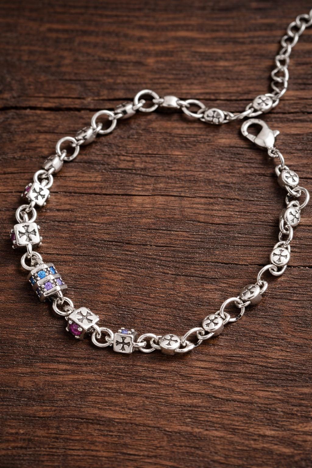 Retro Colored Cubic Zirconia Cross Bracelet, Adjustable Dainty Daily Wear Jewelry