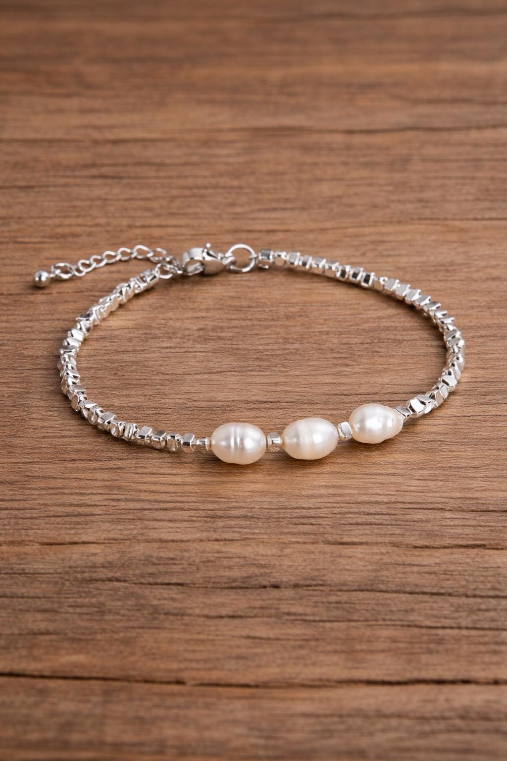Sterling Silver Pearl Hematite Bracelet, Elegant Minimalist Women Jewelry