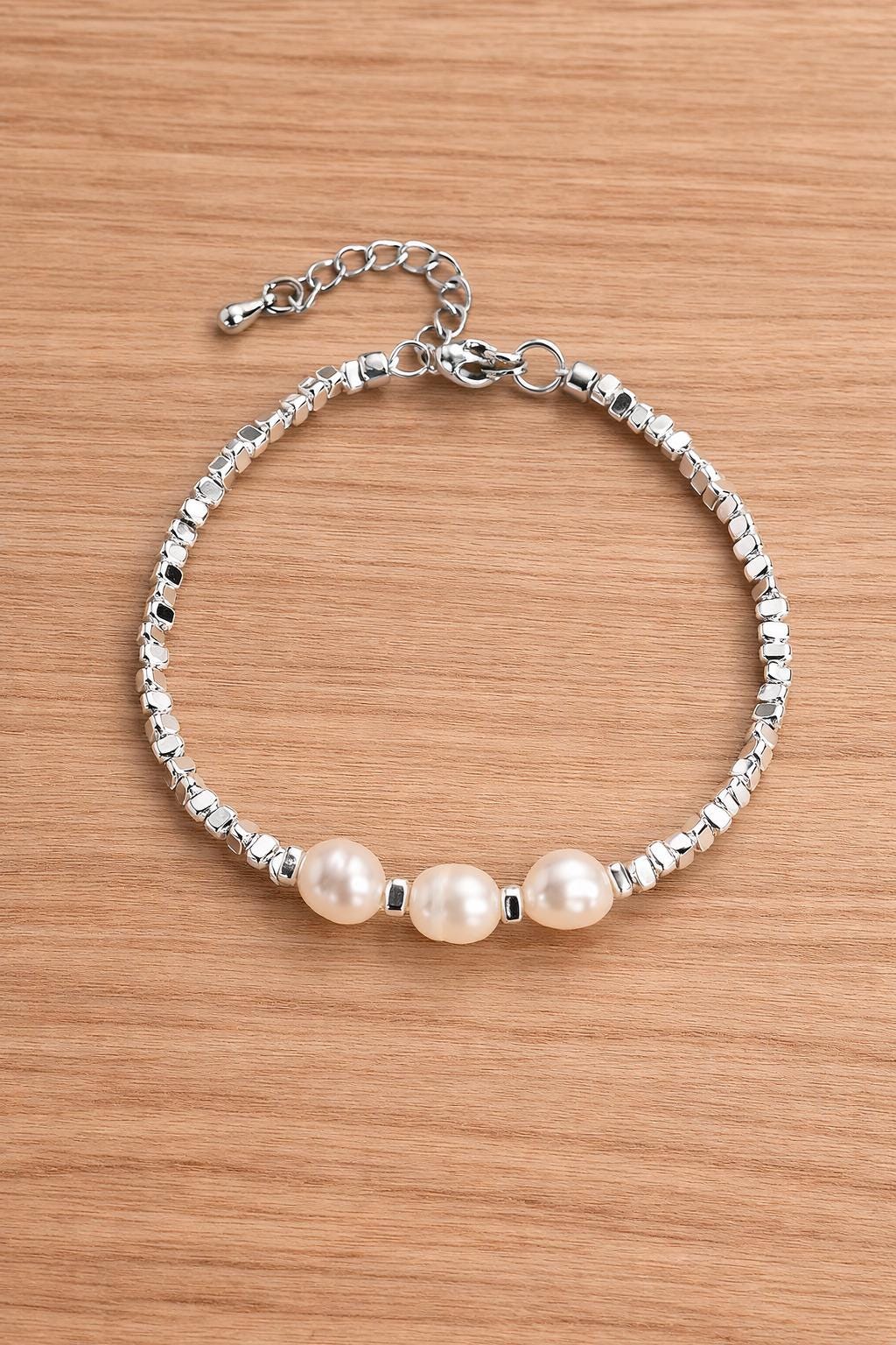 Sterling Silver Pearl Hematite Bracelet, Elegant Minimalist Women Jewelry